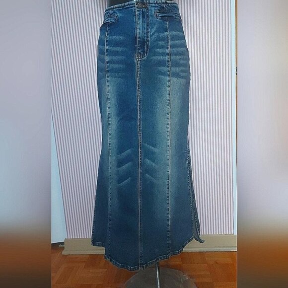 Y2K Denim Maxi Skirt Mermaid Trumpet Slit 90s Streetwear Revival - Picture 2 of 15